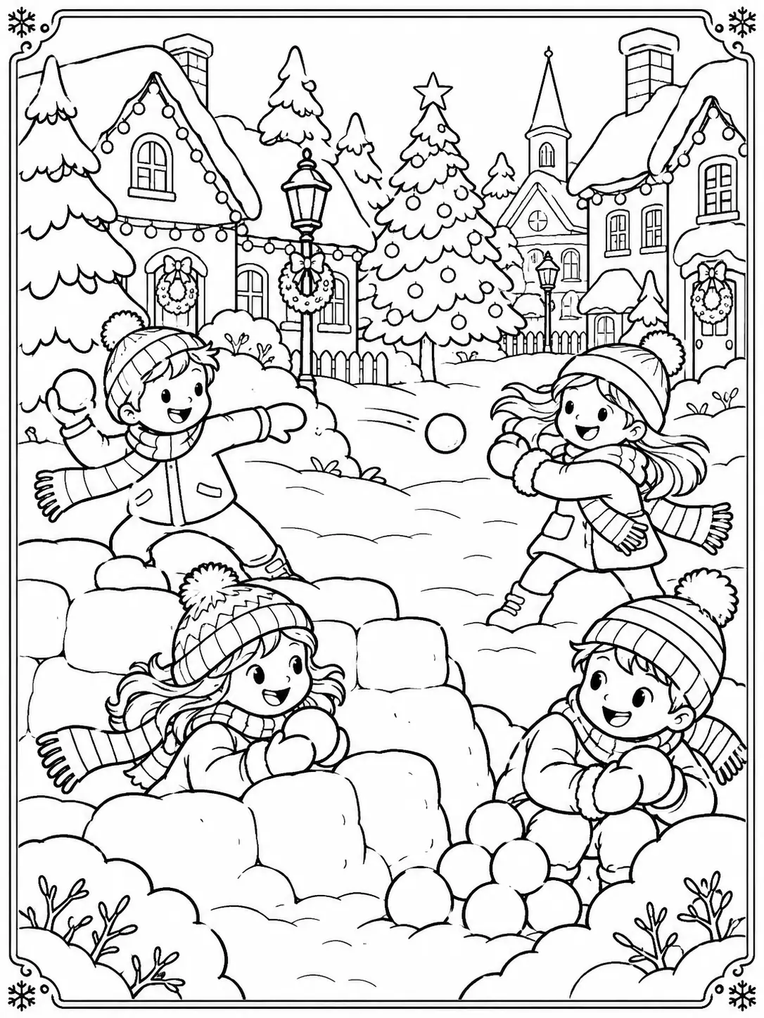 Four children having a snowball fight by a snow fort in a snowy Christmas village