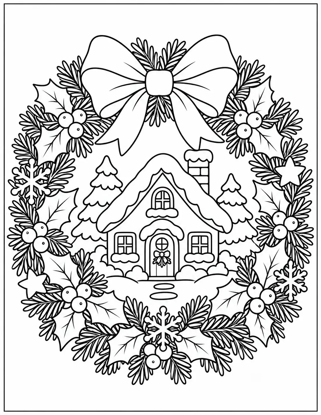 Snow-covered Christmas cottage surrounded by a festive wreath coloring page