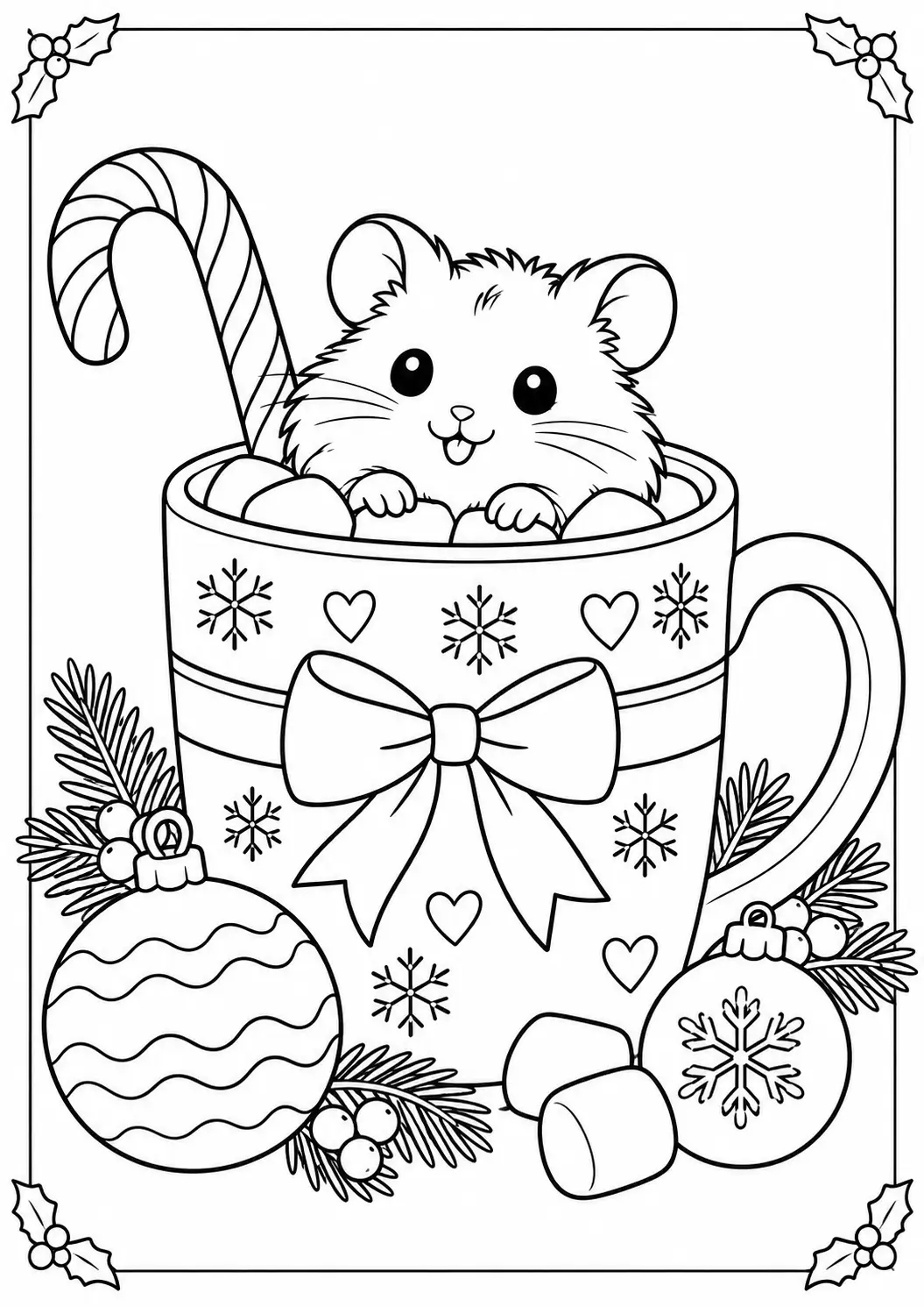 Little hamster sitting inside a festive mug with a candy cane coloring page