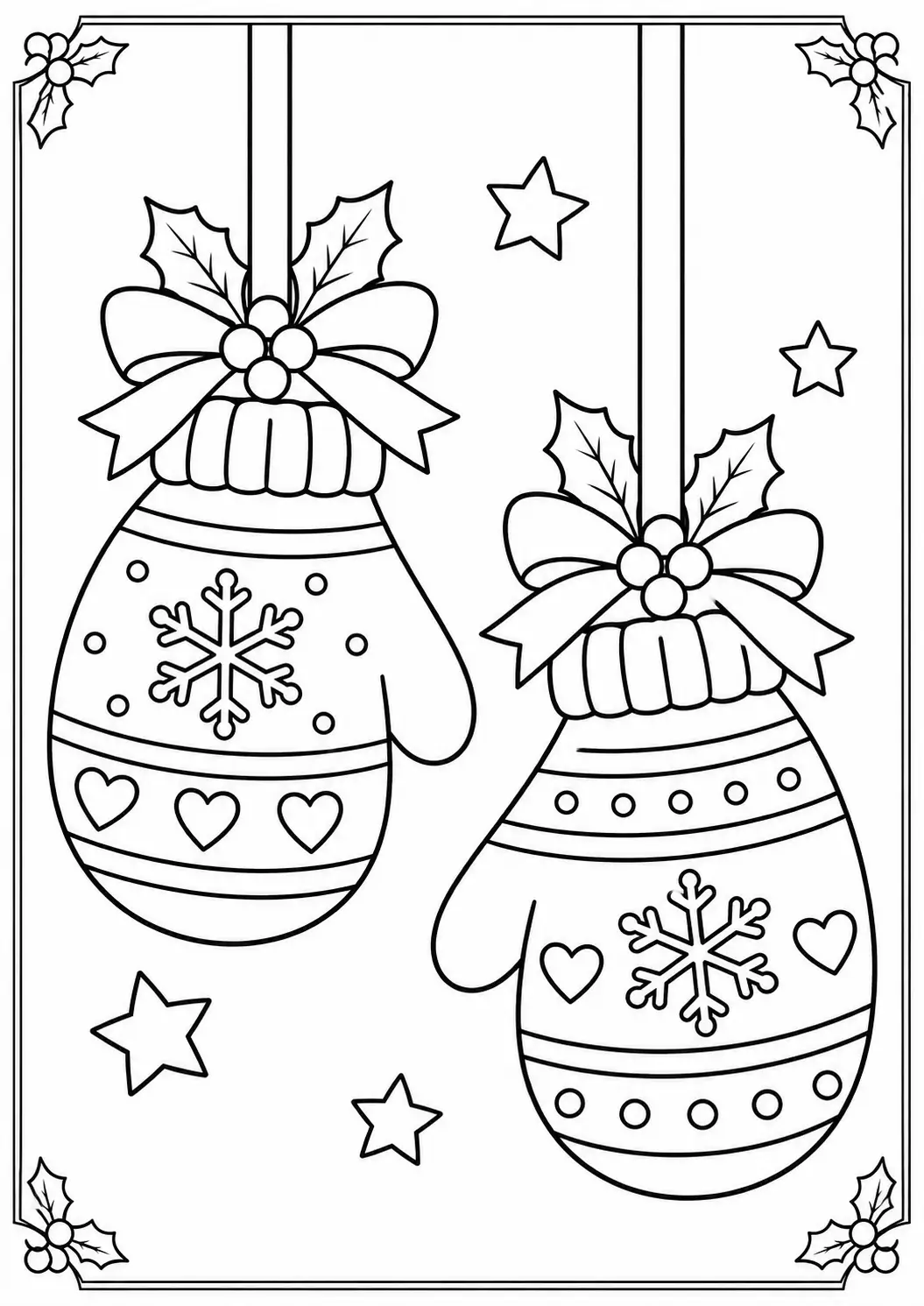 Pair of hanging Christmas mitten ornaments decorated with snowflakes and hearts coloring page