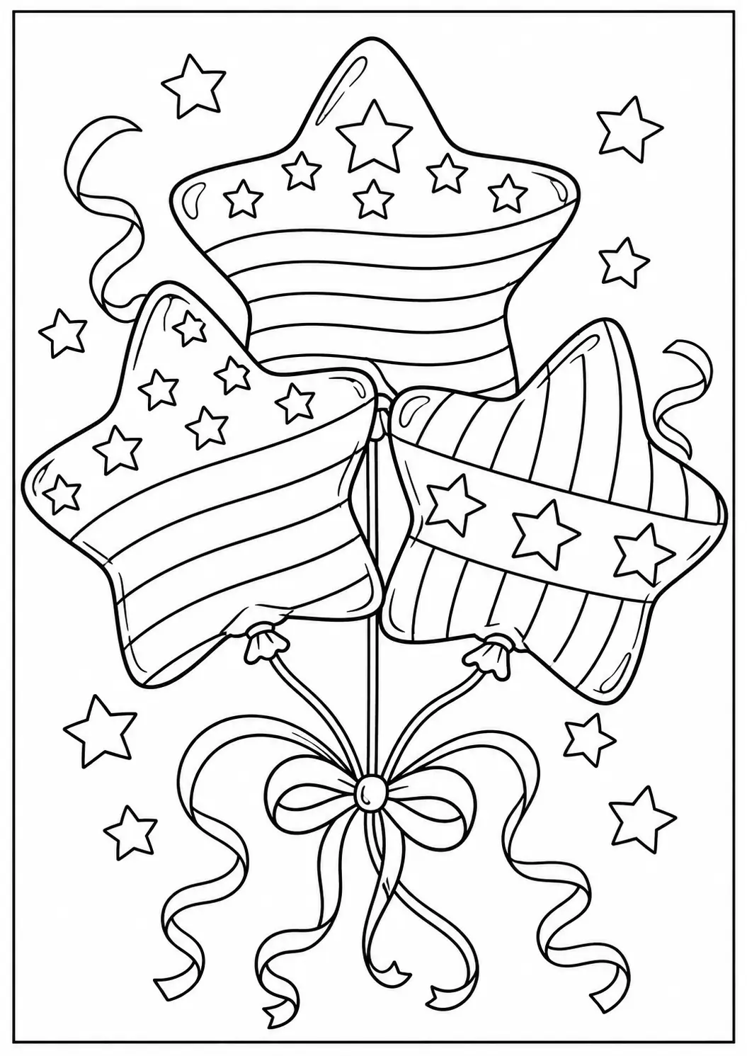 Three patriotic star-shaped balloons with ribbon and stars coloring page