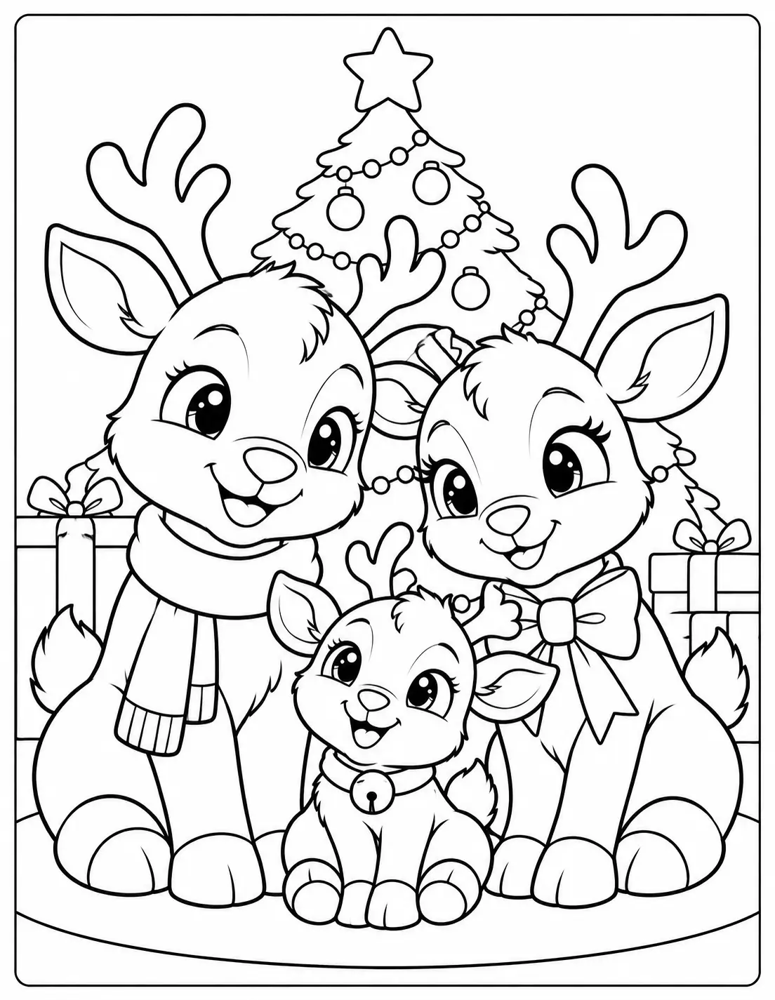 Christmas reindeer family of three sitting by a decorated tree coloring page