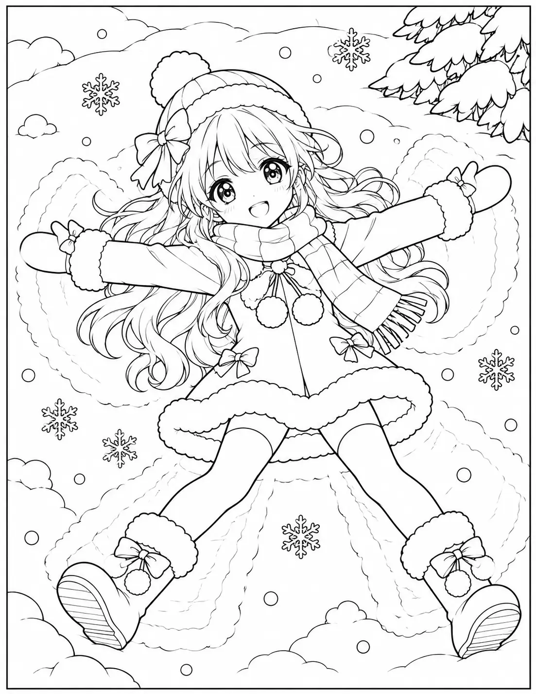 Anime girl making a snow angel in the snow coloring page
