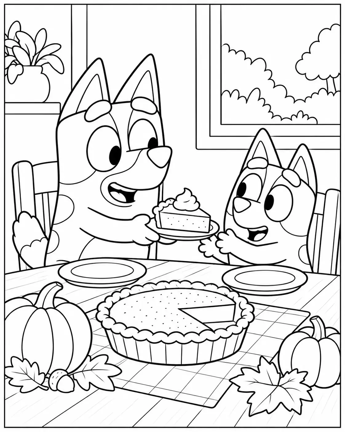 Bluey sharing pumpkin pie with Bingo coloring page