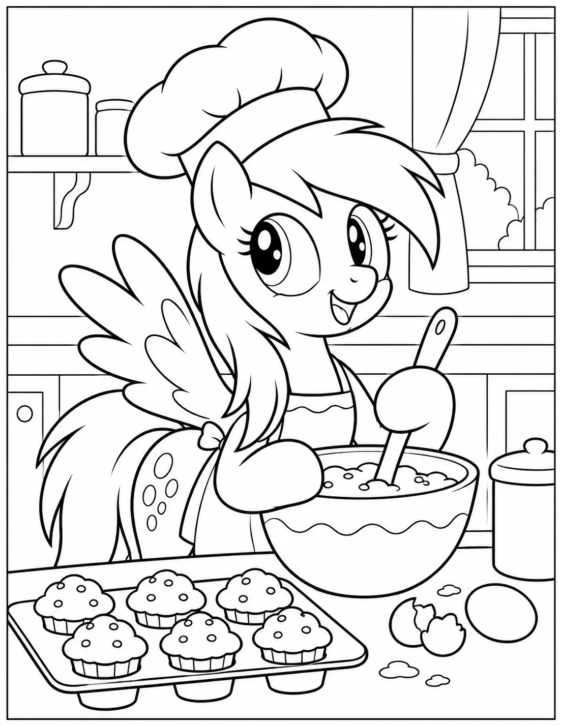Derpy Hooves making muffins in a kitchen coloring page