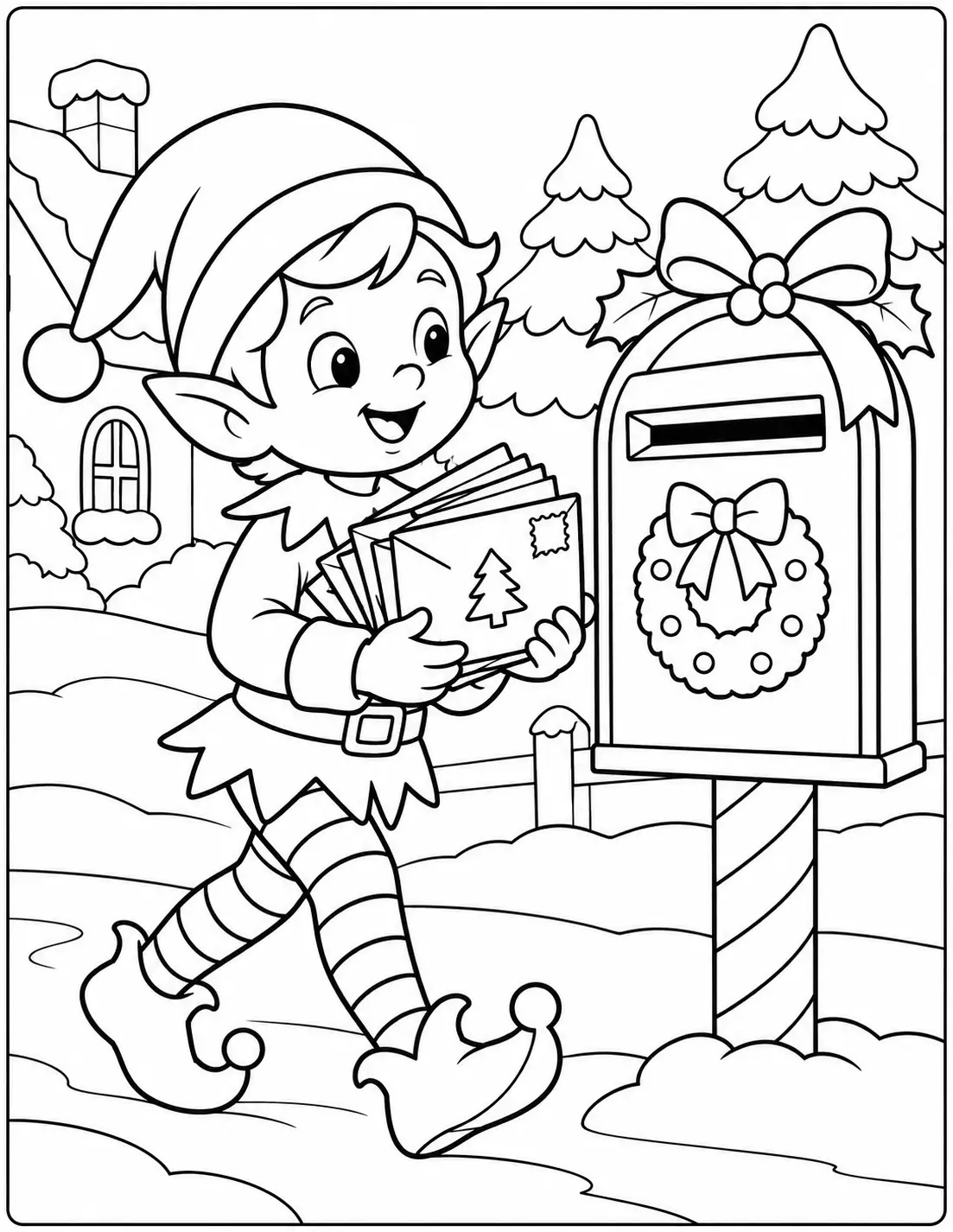 Christmas elf carrying letters beside a festive mailbox coloring page