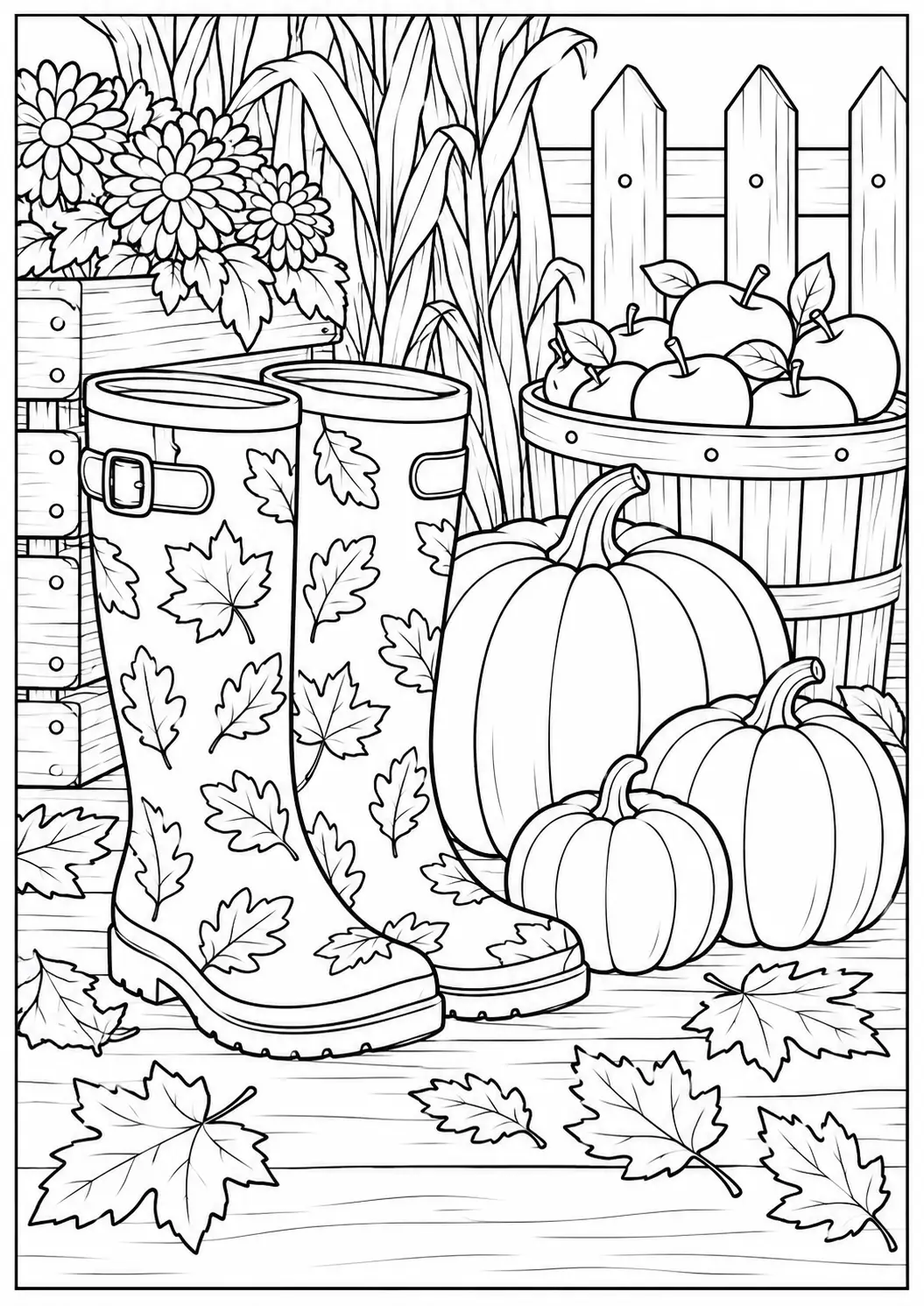 Harvest boots and pumpkins adult Thanksgiving coloring page