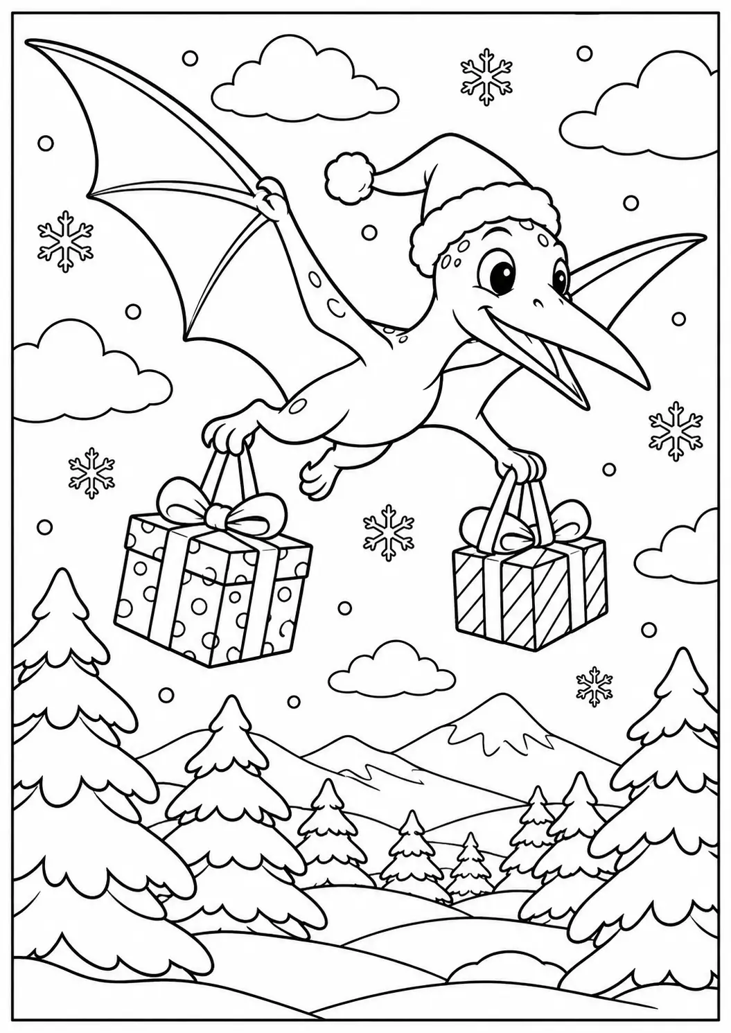 Flying Pterodactyl wearing a Santa hat carrying Christmas presents coloring page