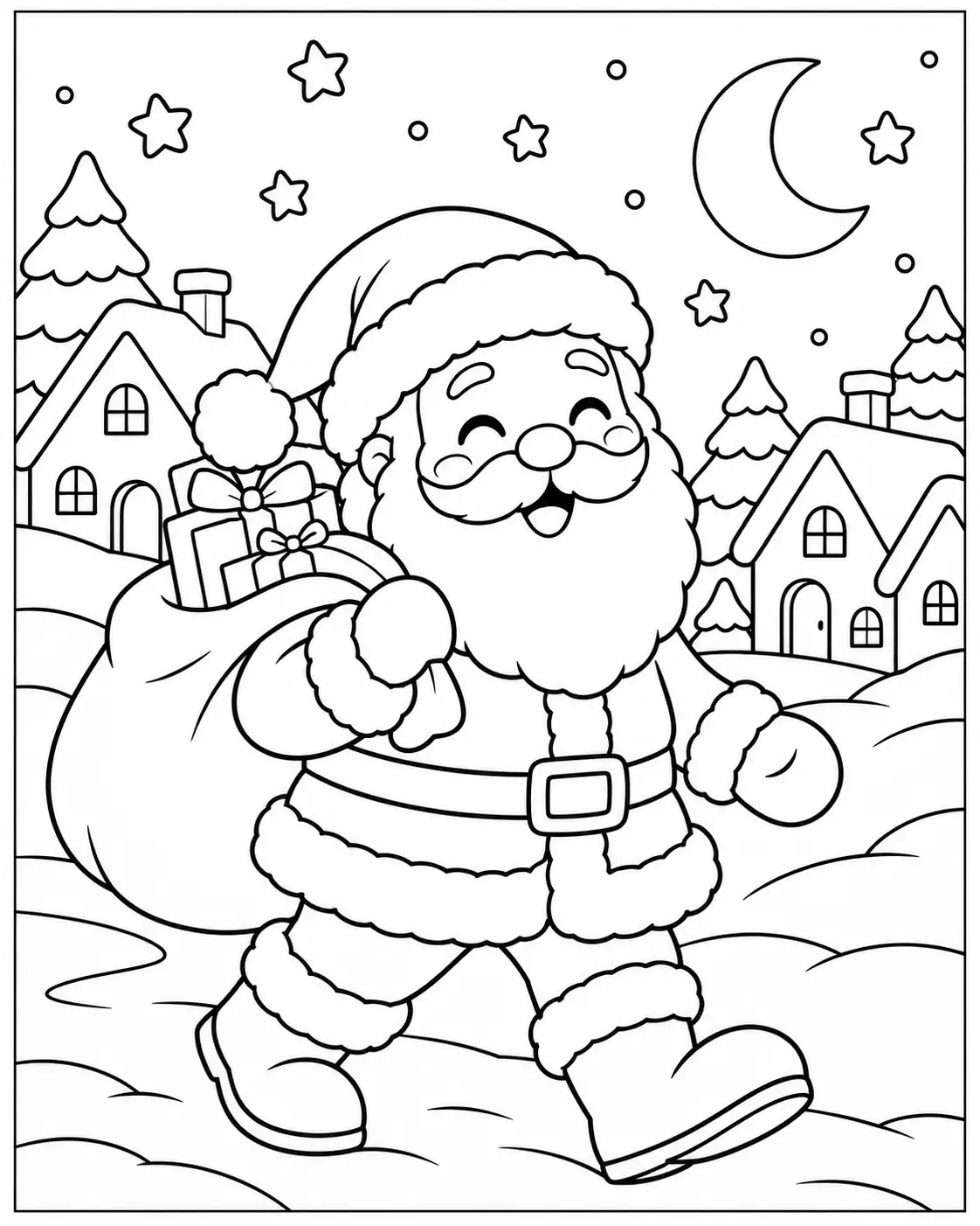 Santa Claus walking through a snowy village carrying a gift sack coloring page