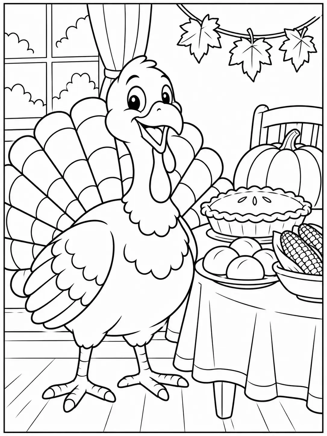 Turkey at Thanksgiving dinner coloring page