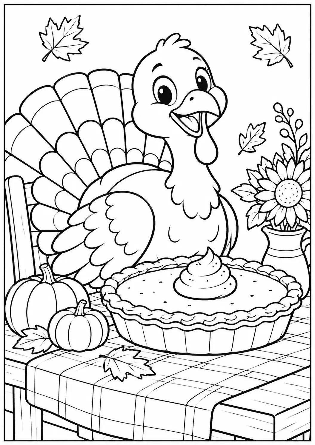 Turkey with pumpkin pie Thanksgiving coloring page