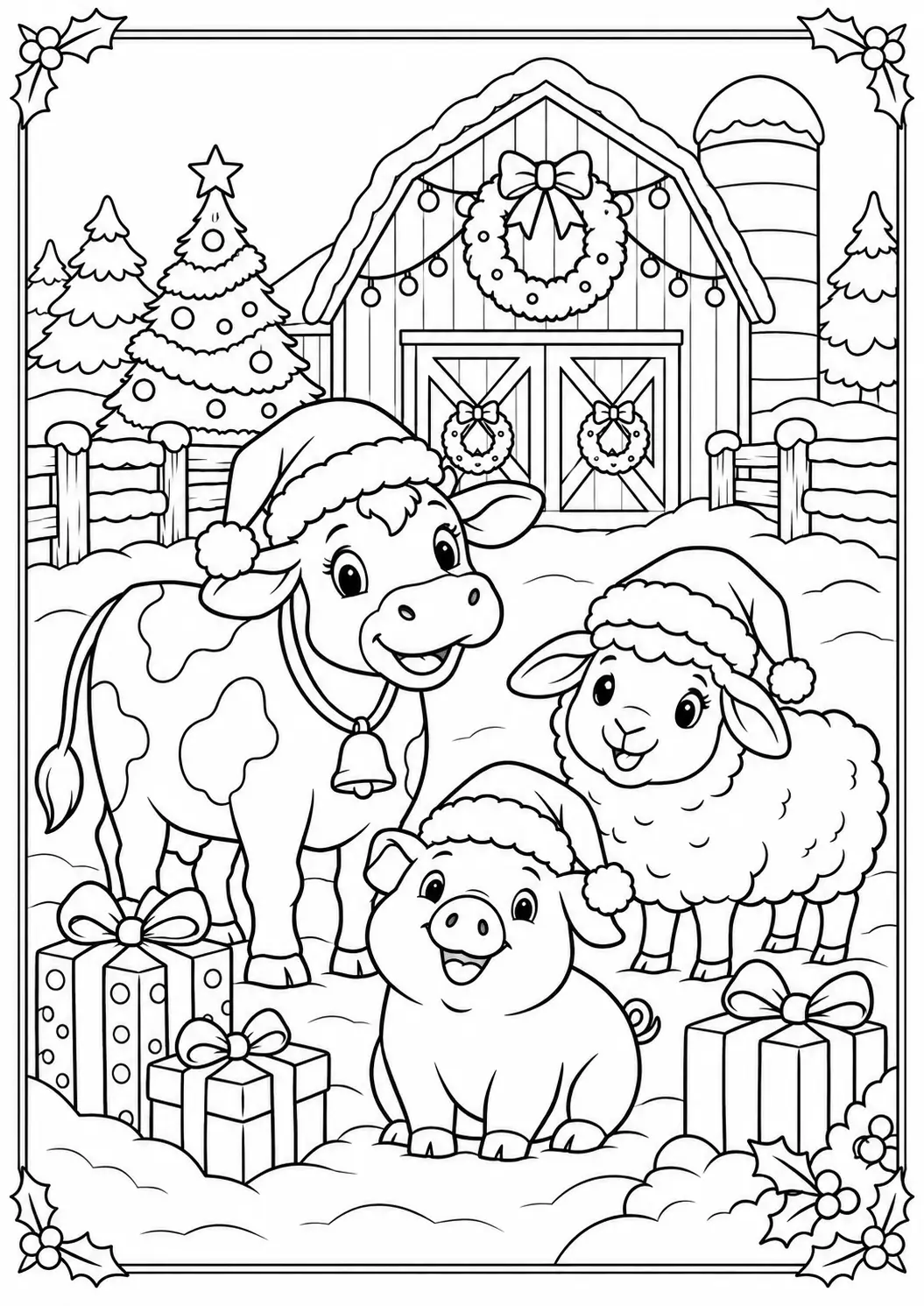 Cow, sheep, and pig wearing Santa hats outside a decorated Christmas barn coloring page