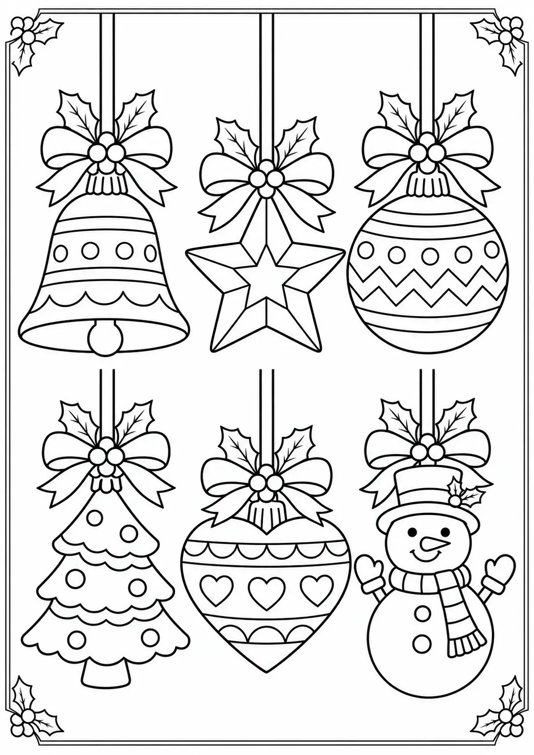 Six hanging Christmas ornaments including bell, star, tree and snowman coloring page
