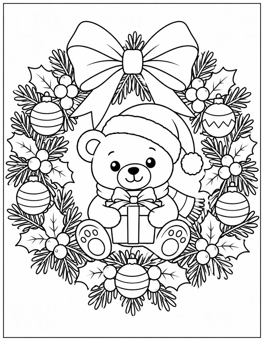 Christmas teddy bear wearing a Santa hat and holding a gift inside a wreath coloring page