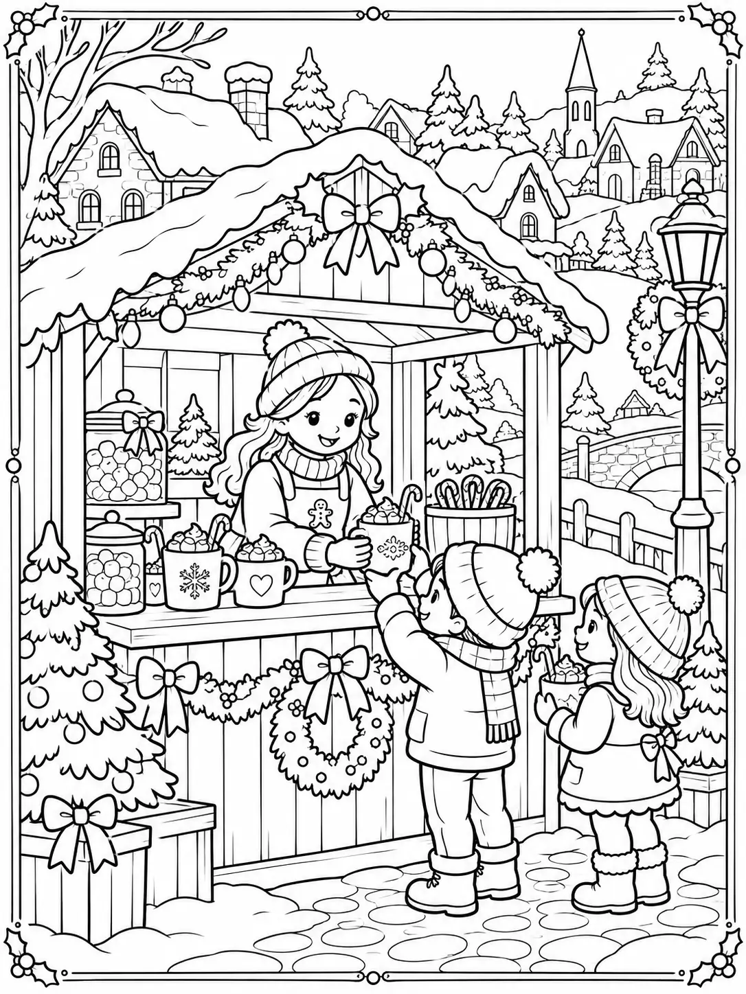 Christmas village hot chocolate stand with a vendor, children, mugs, and candy canes