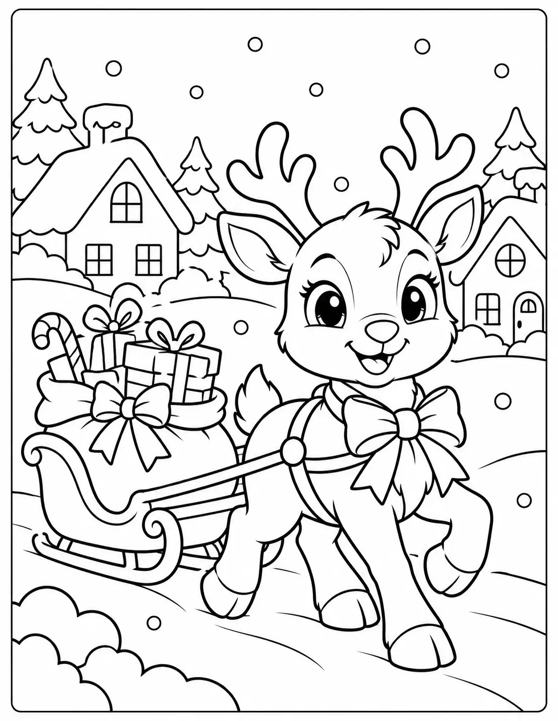Reindeer pulling Christmas presents through a snowy village coloring page