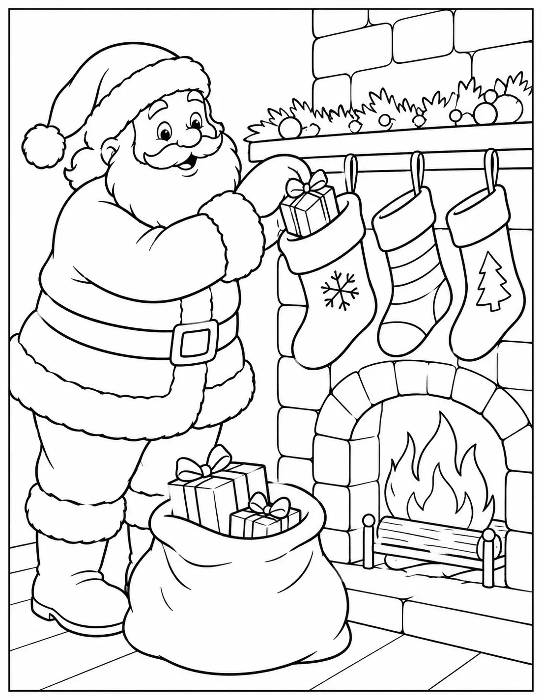 Santa Claus placing presents into Christmas stockings beside a fireplace coloring page