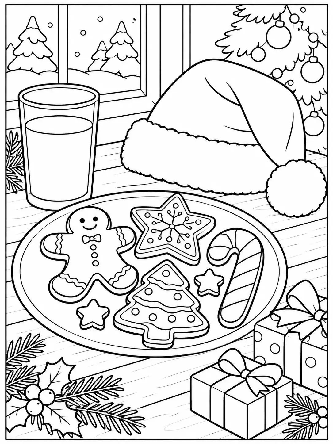 Plate of Christmas cookies with milk and Santa hat coloring page