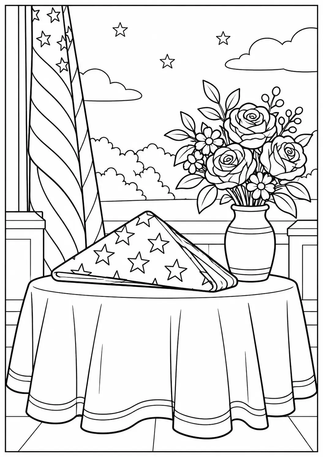 Folded American flag on a memorial table next to a vase of flowers coloring page