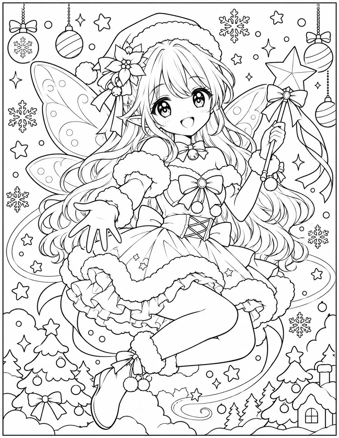 Christmas fairy anime girl with wings and star wand coloring page