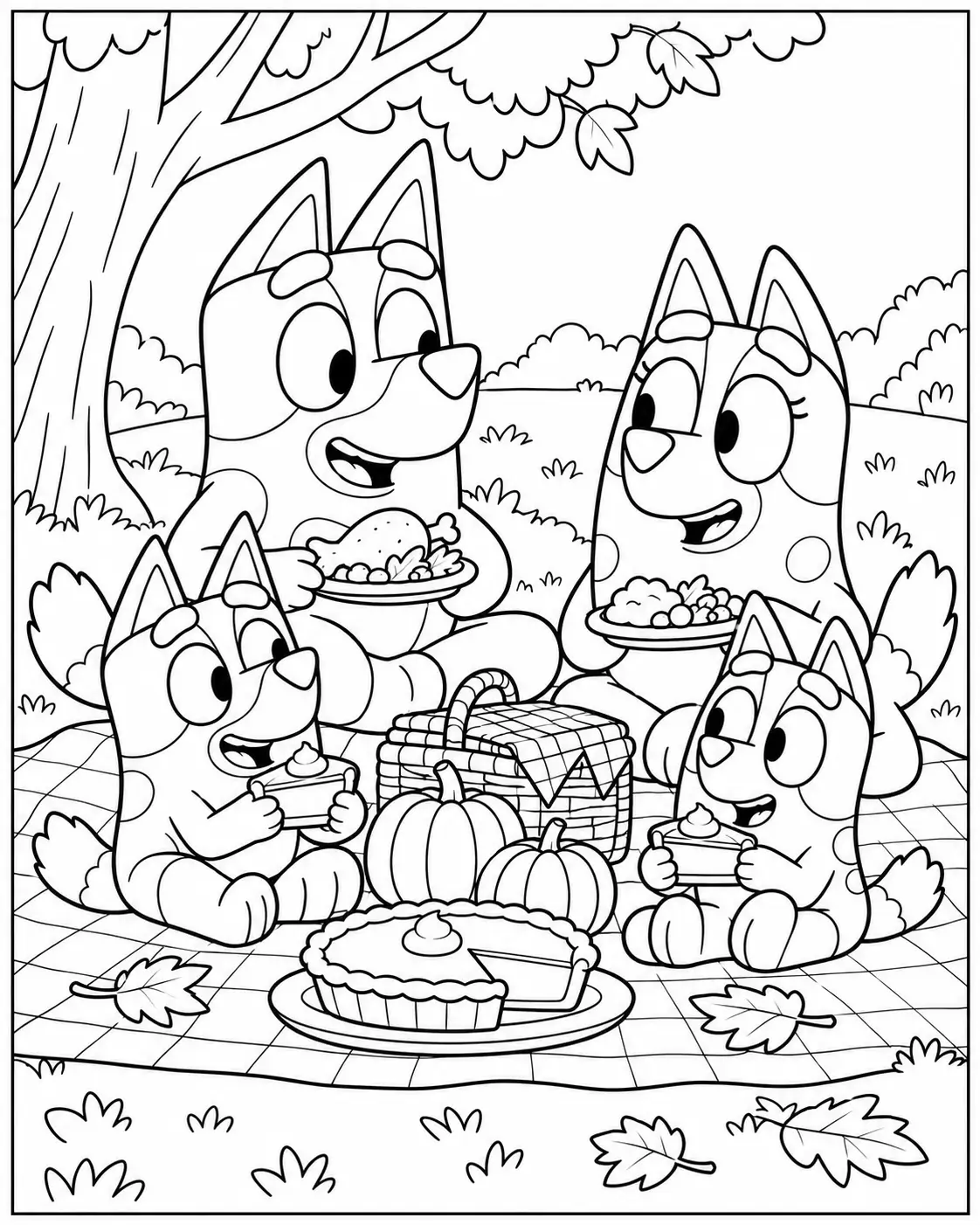 Heeler family Thanksgiving picnic coloring page