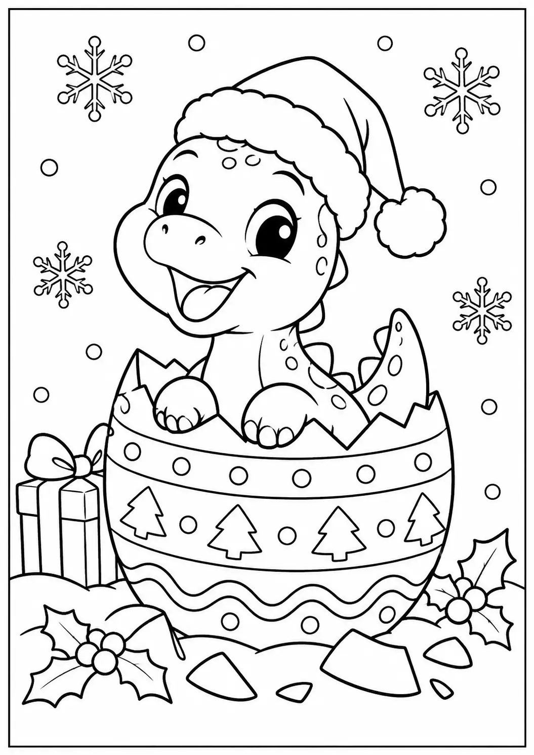 Baby dinosaur in a Santa hat hatching from a Christmas patterned egg coloring page