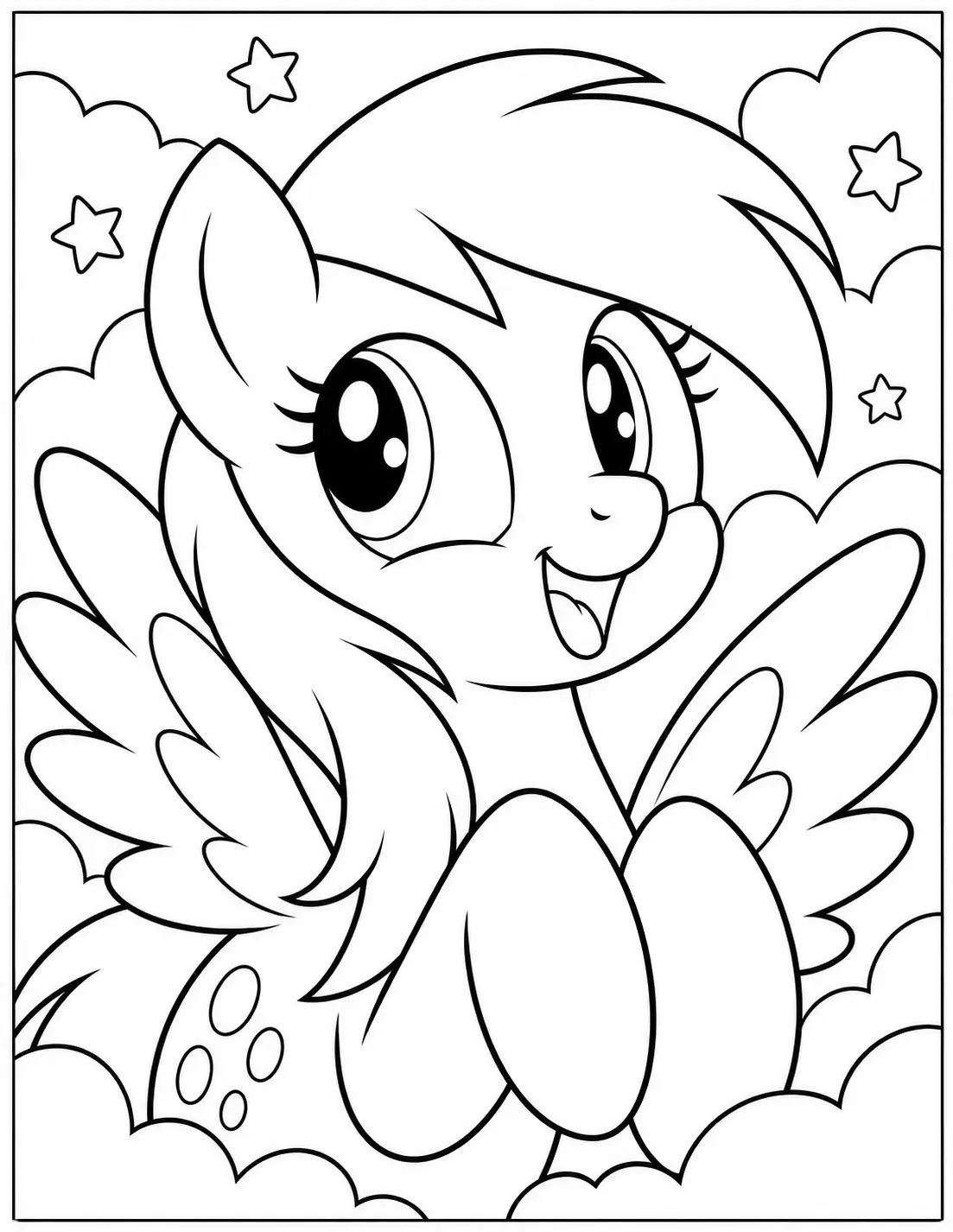 Happy Derpy Hooves portrait with clouds and stars coloring page