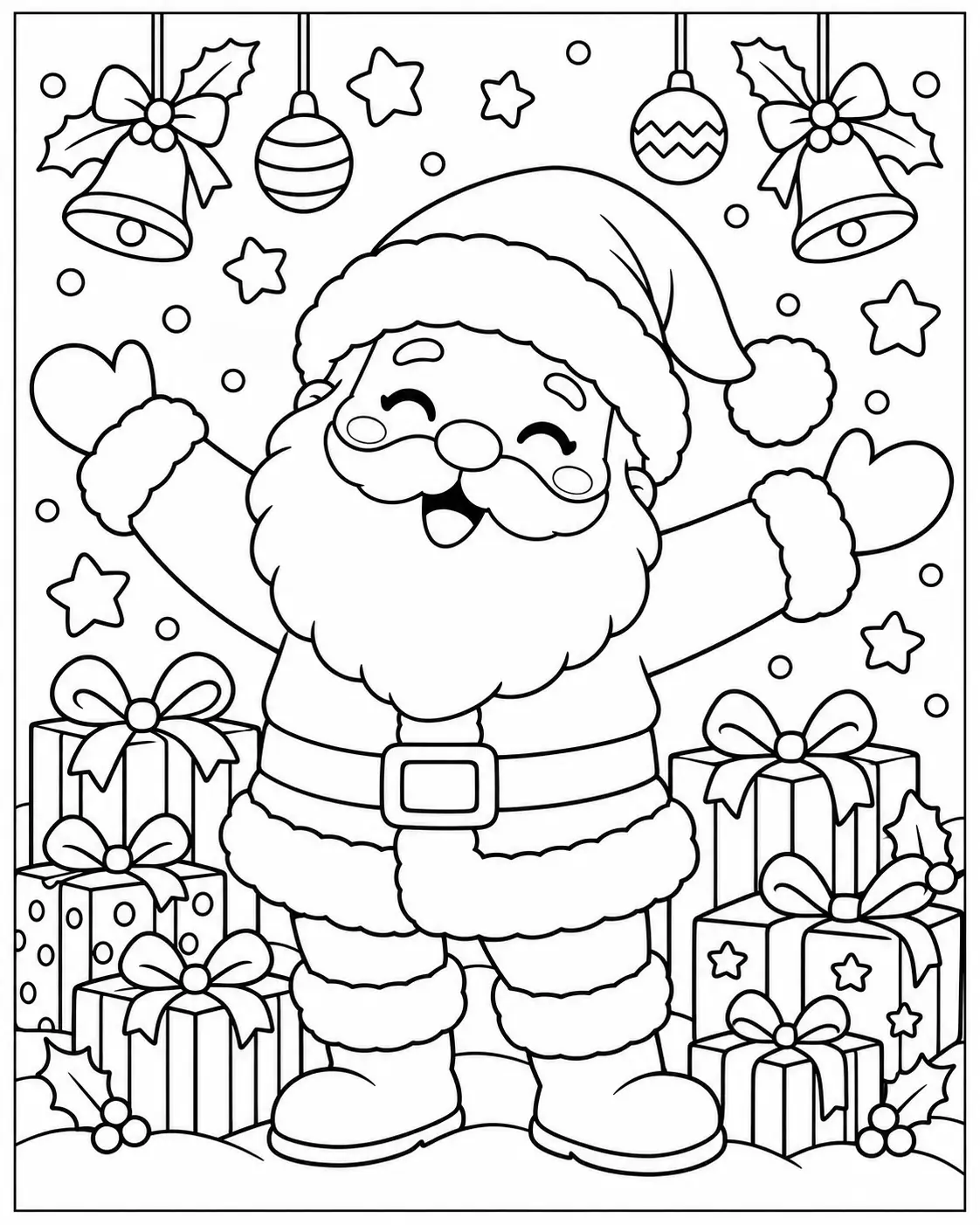 Smiling Santa Claus with open arms surrounded by Christmas gifts and bells coloring page