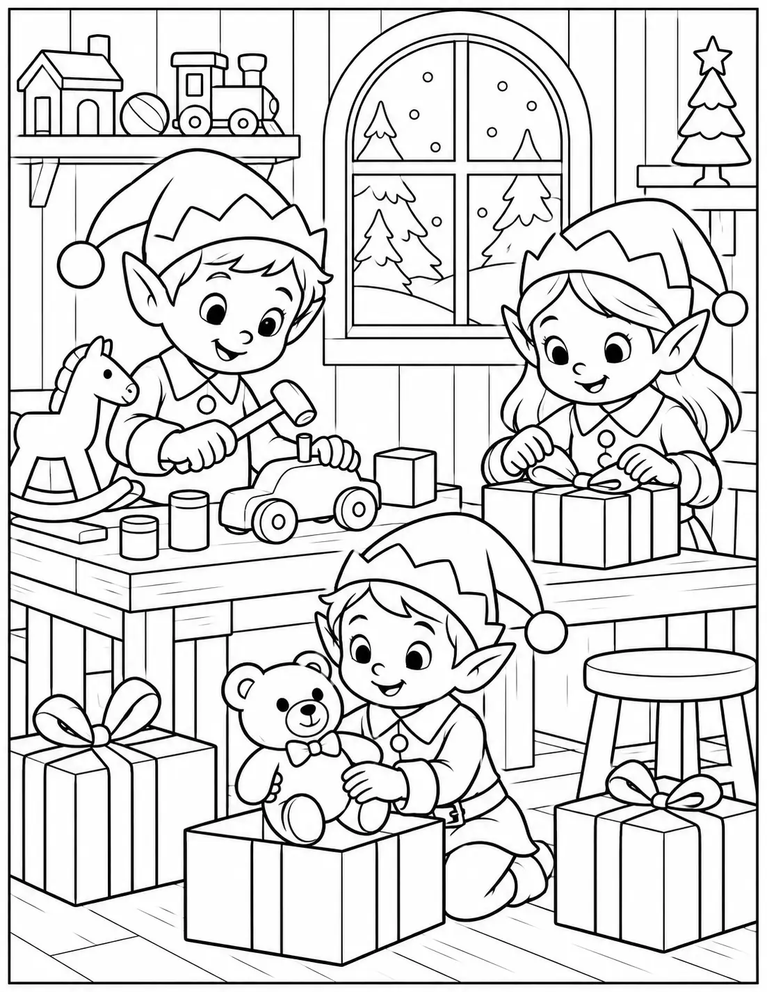 Three Christmas elves making toys and packing presents in a workshop coloring page