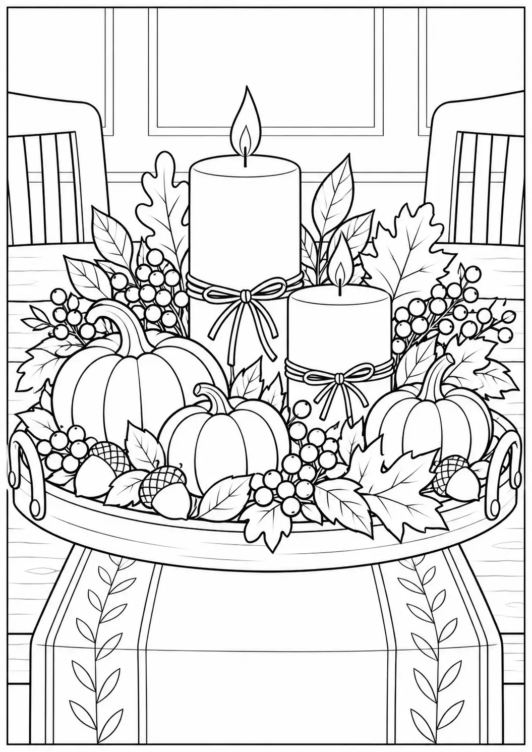 Thanksgiving centerpiece adult coloring page with candles and pumpkins