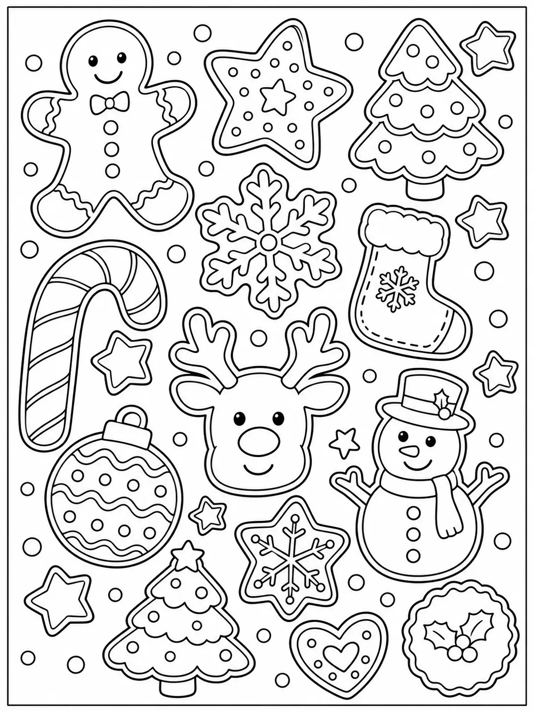 Assorted Christmas cookies including gingerbread, reindeer and snowman coloring page
