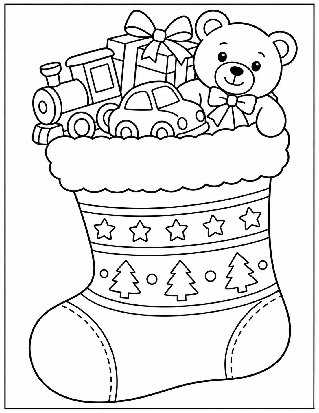 Christmas stocking full of toys including teddy bear, toy car, train, and wrapped gift coloring page