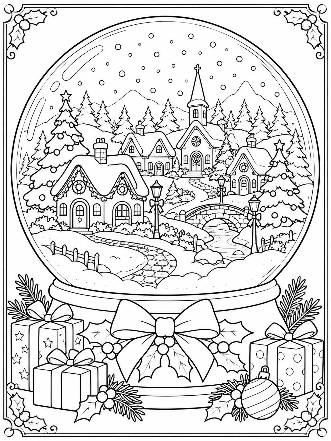 Christmas village inside a snow globe with snowy cottages, Christmas trees, and falling snow