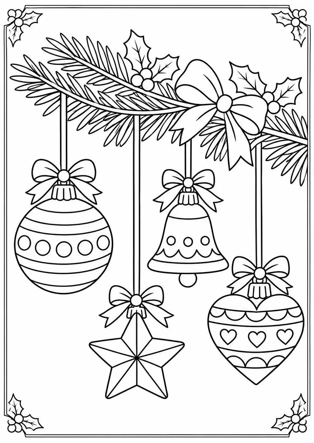 Hanging Christmas bauble, bell, star and heart ornaments on an evergreen branch coloring page