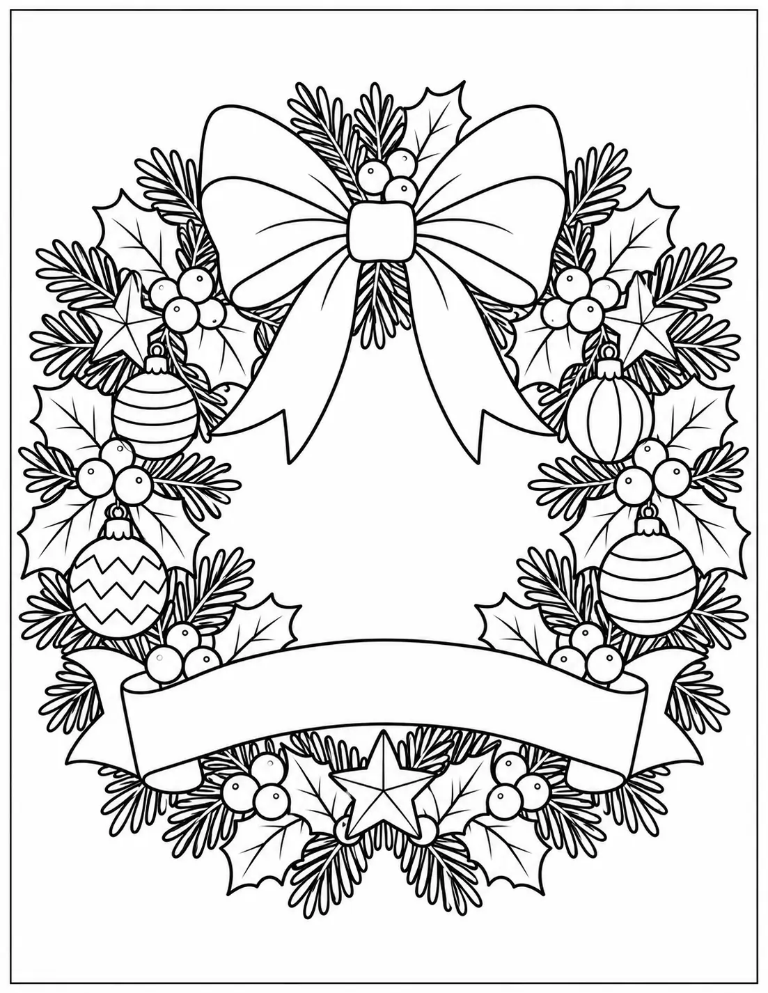 Christmas wreath with a blank ribbon banner, ornaments and stars coloring page