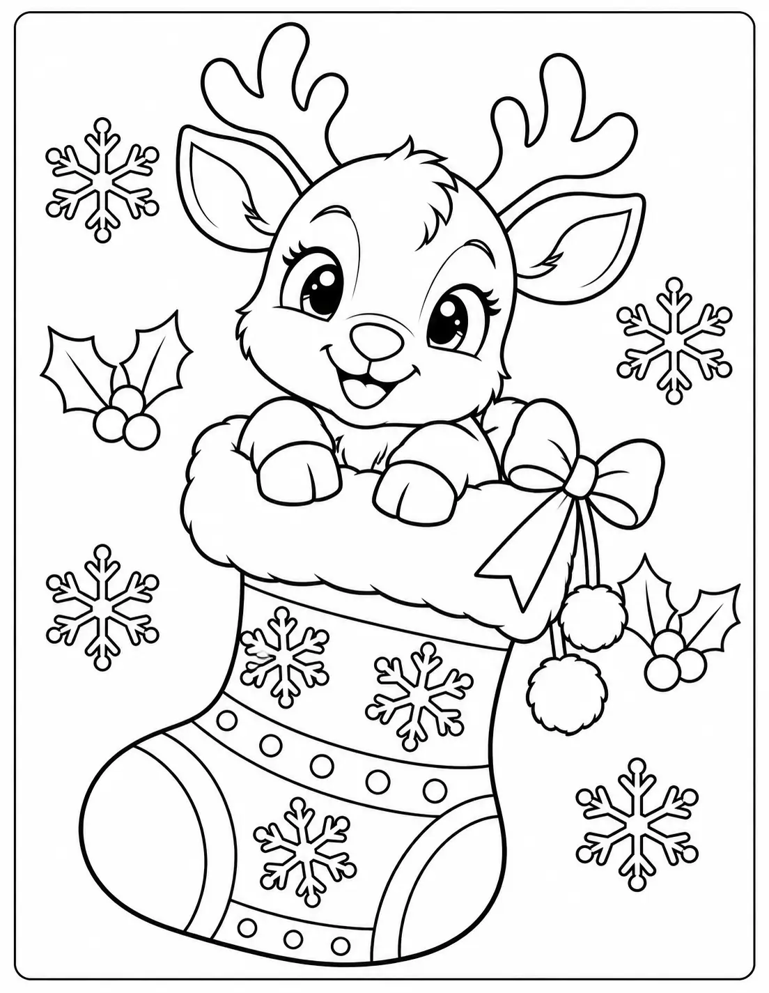 Baby reindeer peeking out of a patterned Christmas stocking coloring page