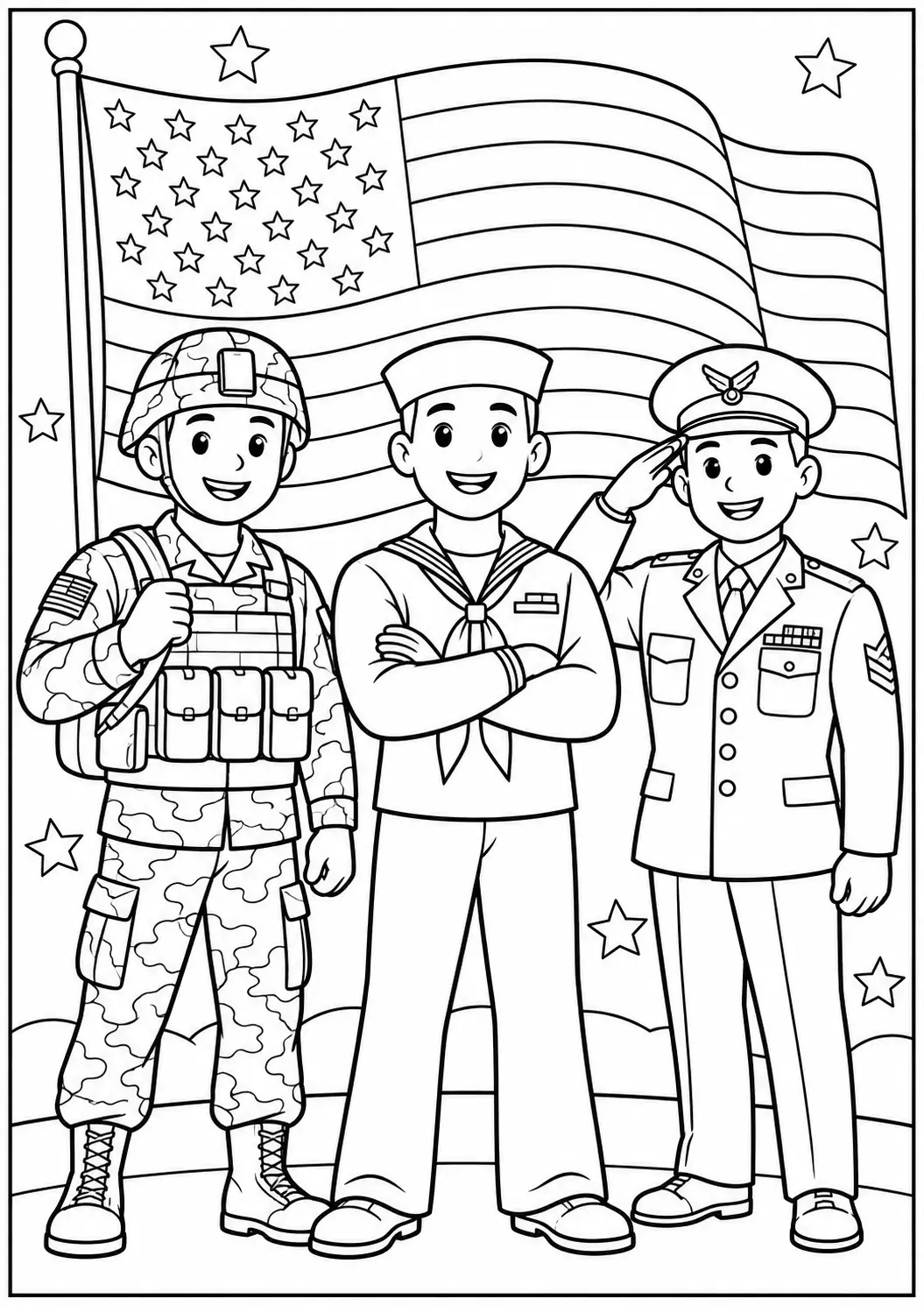 Three veterans in different military uniforms standing together before the American flag coloring page