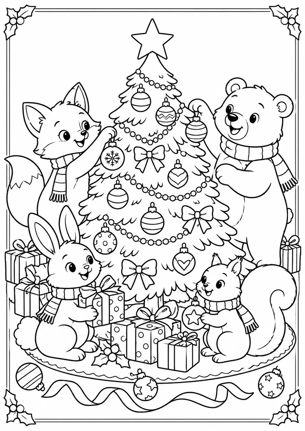 Fox, bear, bunny, and squirrel gathering around a Christmas tree coloring page