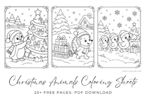 Christmas animals coloring pages with festive animal characters, trees and gifts