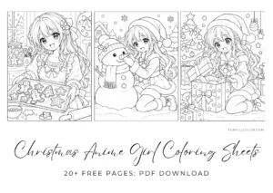 Cute Christmas anime girl wearing a Santa hat and holding a gift coloring page