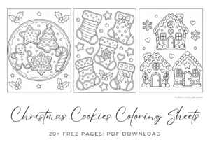Christmas cookies coloring pages with gingerbread, Santa, reindeer, snowflake cookies, cookie jars, and Christmas trees