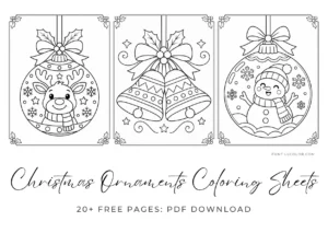 Printable Christmas ornament coloring pages featuring festive baubles, Christmas characters, bells, stars, and hanging decorations.