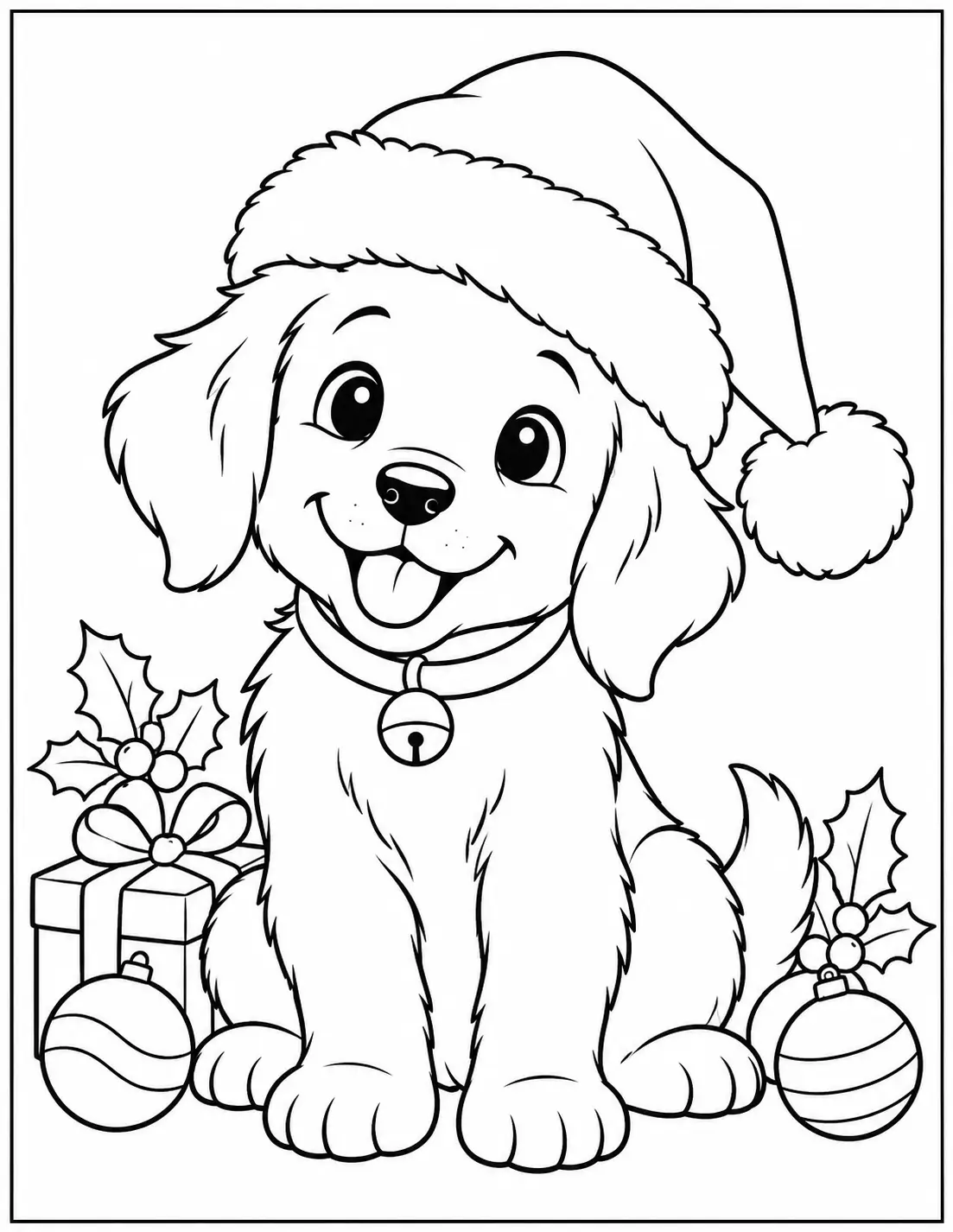 Christmas puppy wearing a Santa hat with holiday presents and ornaments coloring page