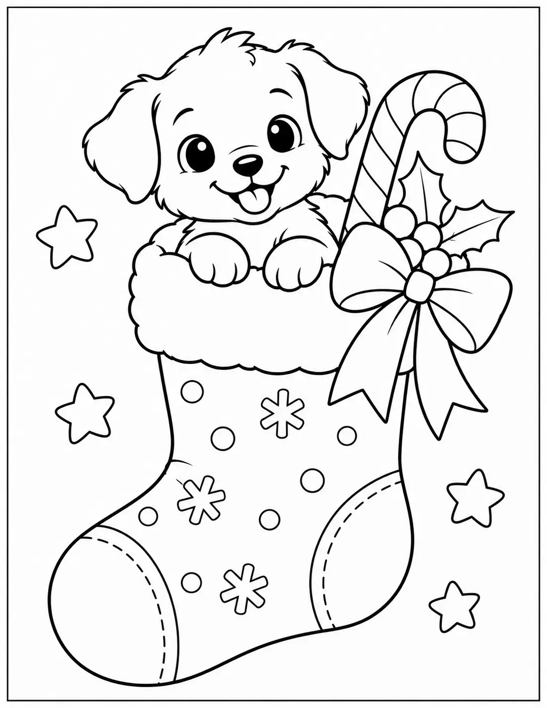 Small puppy peeking out of a Christmas stocking with a candy cane coloring page