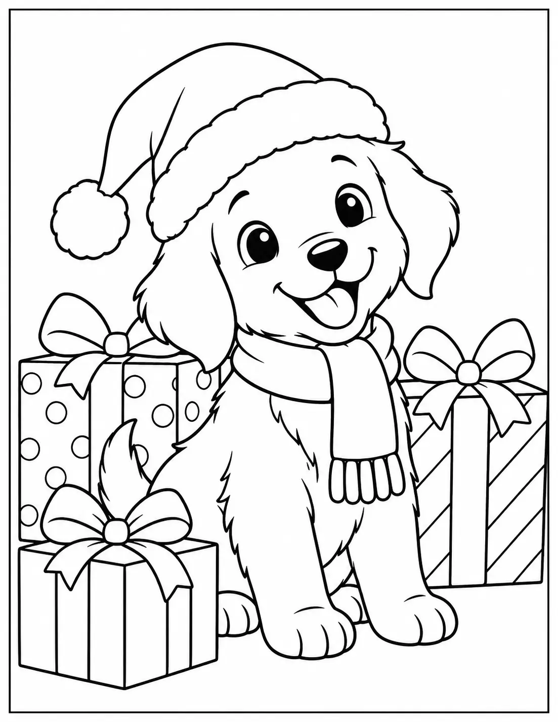 Happy puppy wearing a Santa hat sitting among wrapped Christmas presents coloring page