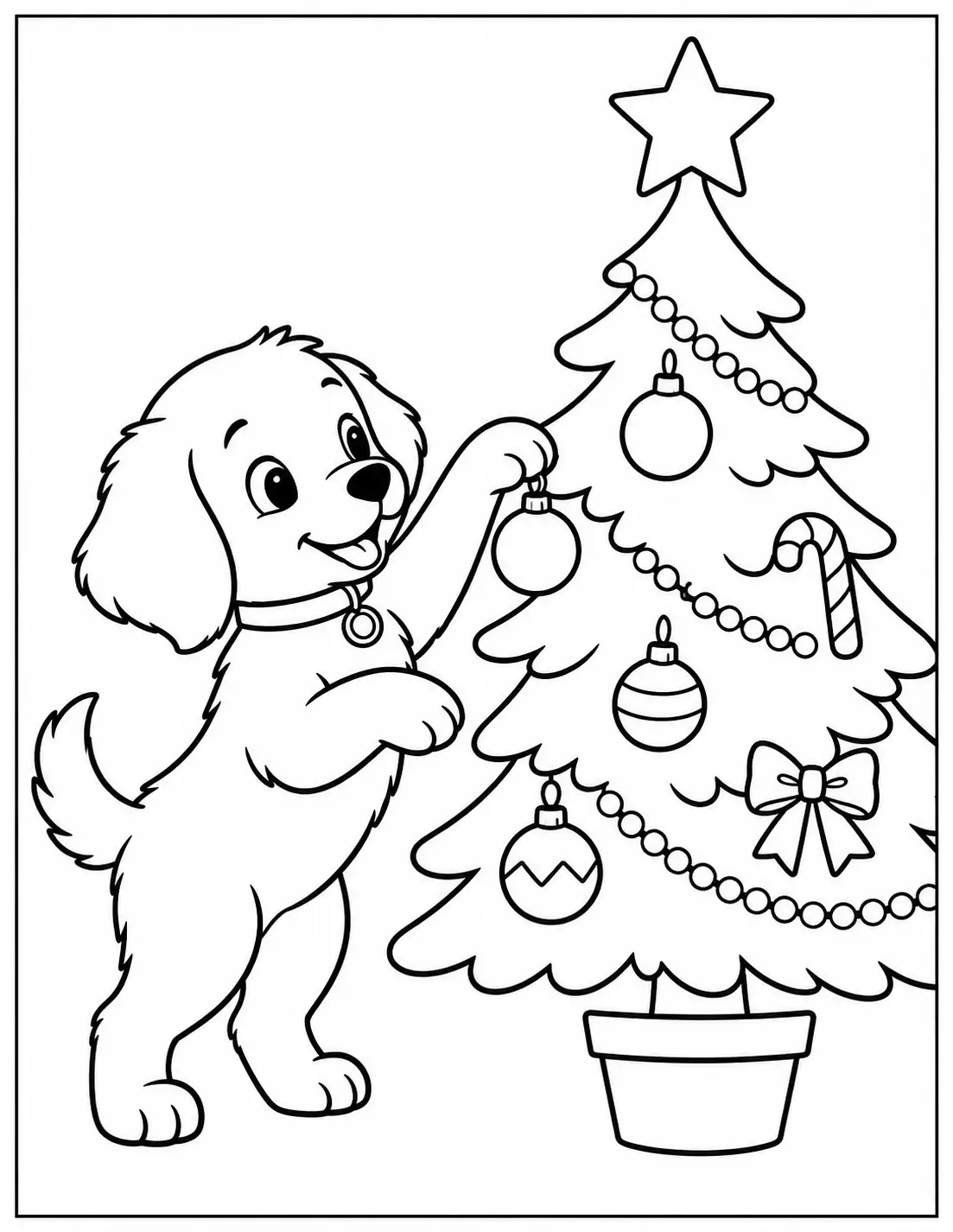 Puppy hanging an ornament on a decorated Christmas tree coloring page