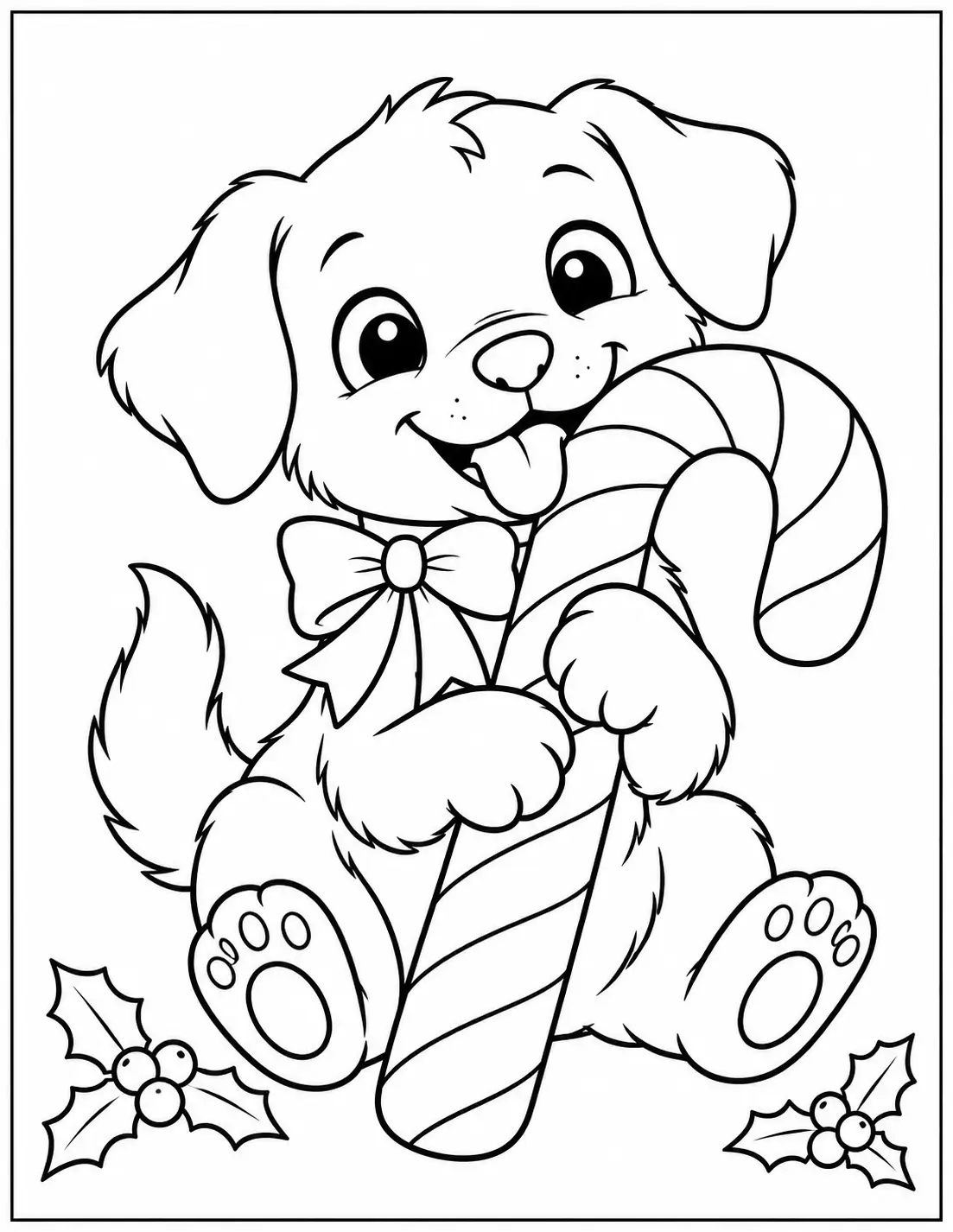 Playful puppy holding a large striped candy cane coloring page