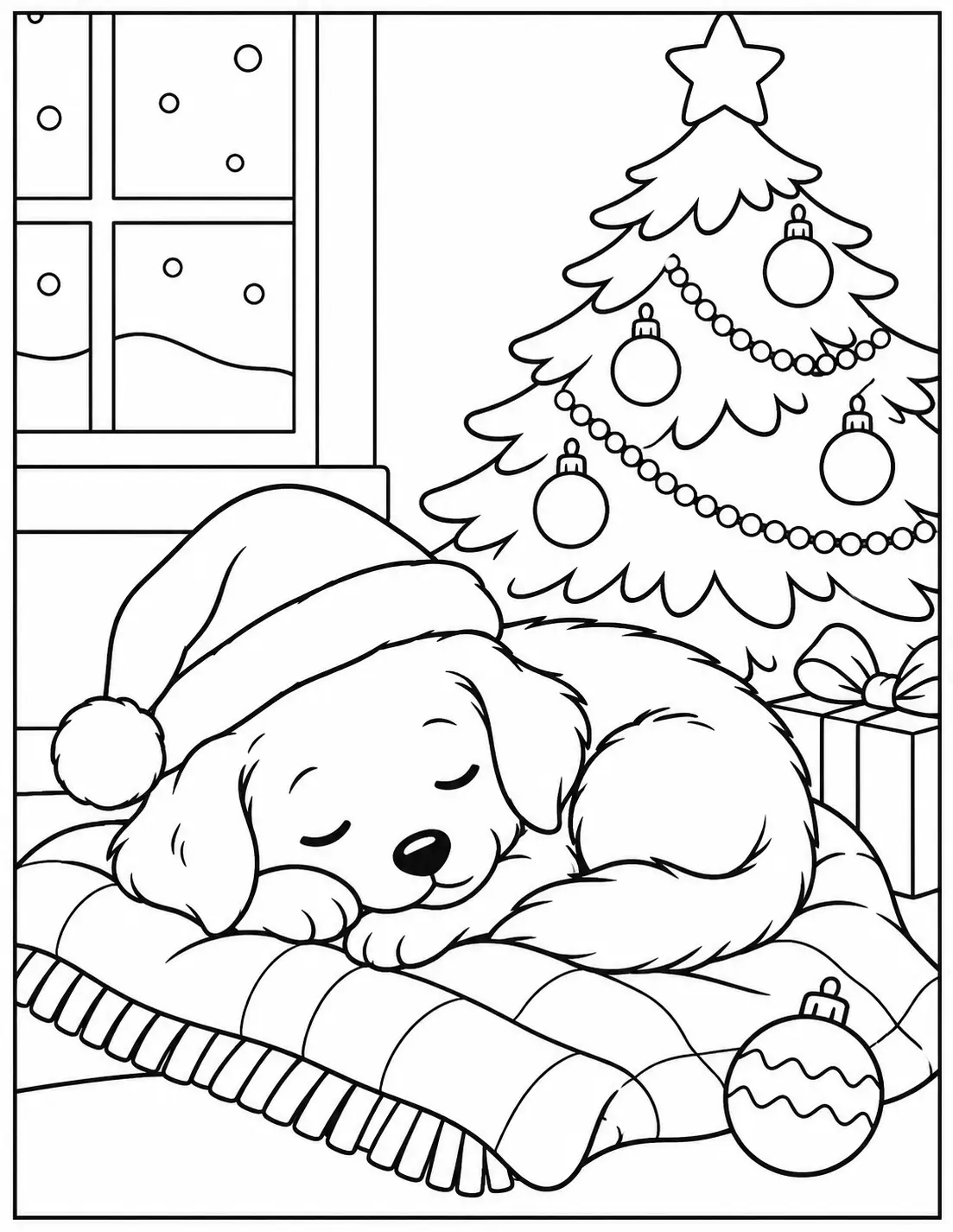 Sleeping puppy in a Santa hat curled on a blanket beside a Christmas tree coloring page