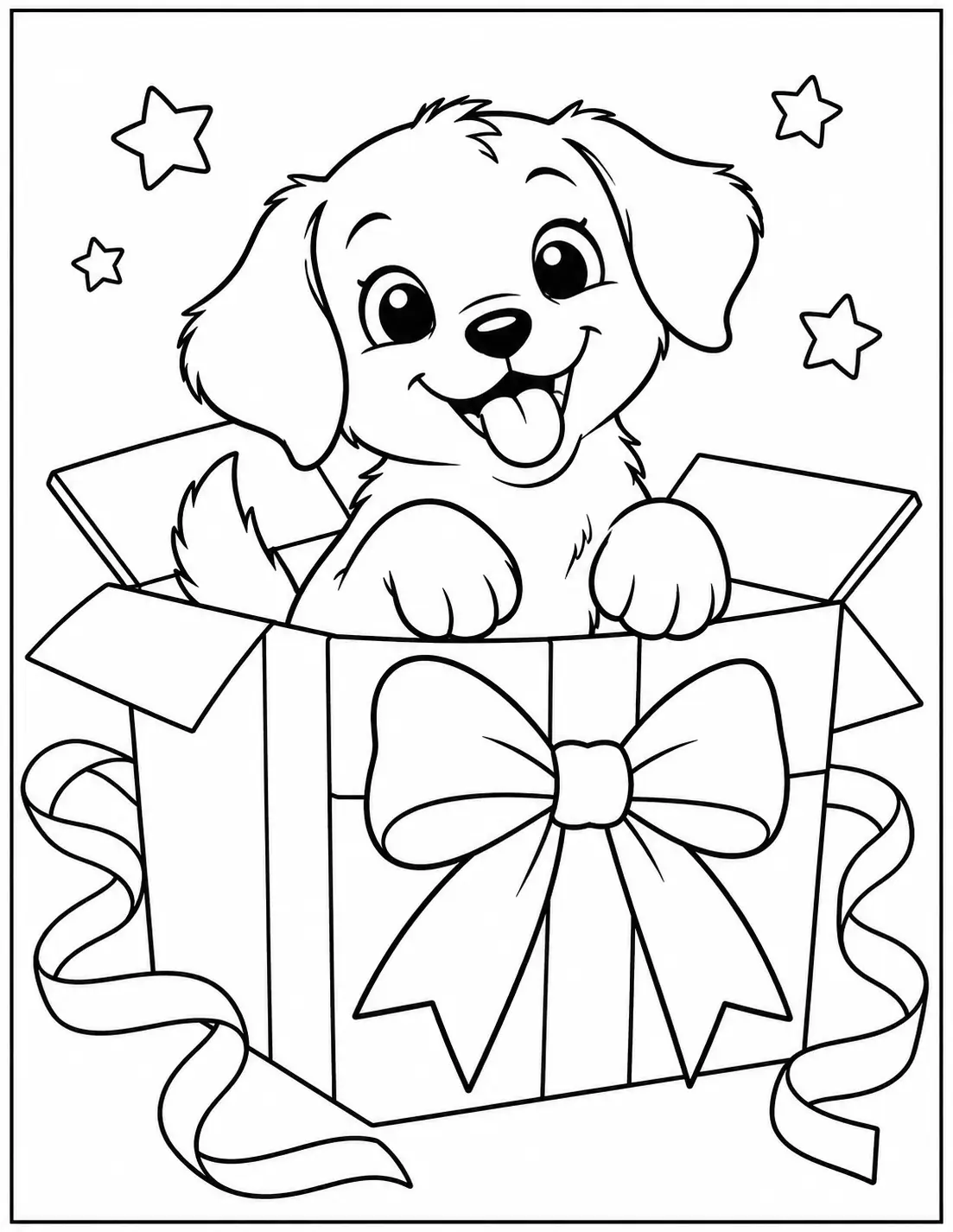 Cheerful puppy popping out of a Christmas gift box with a big bow coloring page