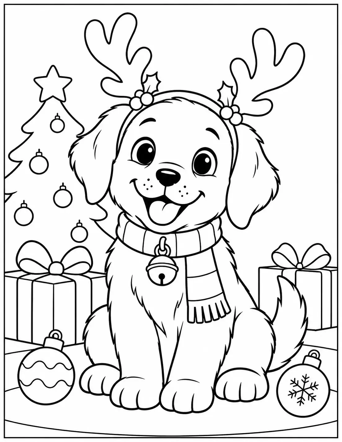 Smiling puppy wearing reindeer antlers and a scarf beside Christmas gifts coloring page